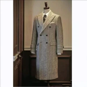 Giacca lunga uomo spina di pesce tweed vintage cappotto sposo smoking ballo blazer caldo - Foto 1 di 9
