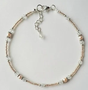 Pink Glass Pearl and Crystal beaded anklet ankle bracelet or necklace plus size - Picture 1 of 2