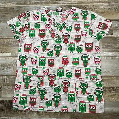 Women's Small scrub top Christmas owls red green gray Nurse Medical - Image 1 of 4