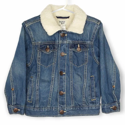 OshKosh Bgosh Denim Trucker Jacket Size 4 Toddler Blue Jean Teddy Collar Snap - Image 1 of 4