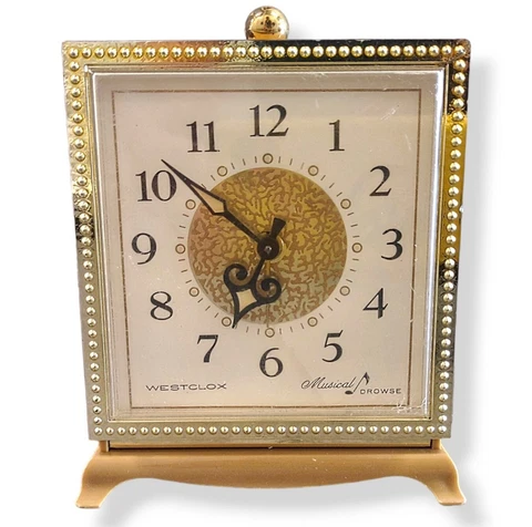 Vintage Westclox Musical Drowse Wind Up Alarm Music Box Harvest Gold Cover