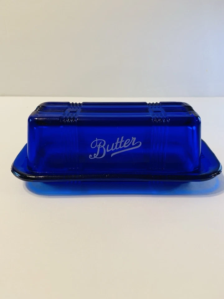 COBALT BLUE GLASS LIDDED BUTTER DISH for 1/4 lb. Stick - Image 1 of 1