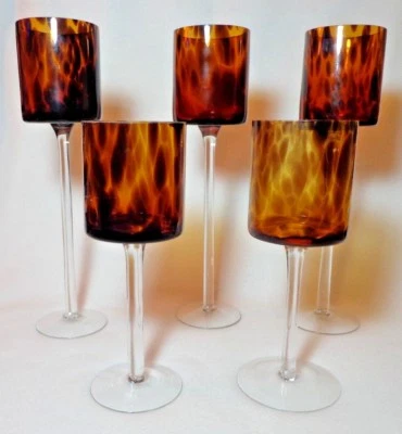 Brown Amber Tortoise Glass Hurricane Candle Holders Two 10" Three 13 3/4" - Image 1 of 4