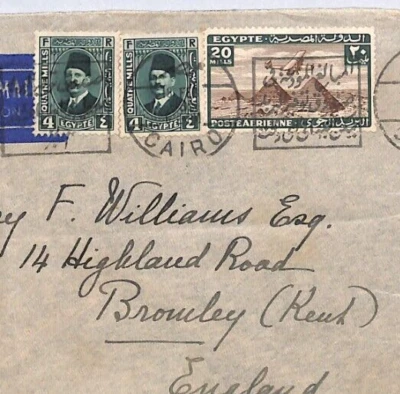 EGYPT Air Mail Cover Cairo 28m Rate GB Bromley Kent 1935?? {samwells-covers}YW11 - Image 1 of 4