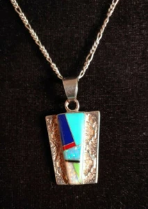 Sterling Silber Inlay Türkis Koralle Lapis Opal Serpentin Wende Anhänger - Bild 1 von 7