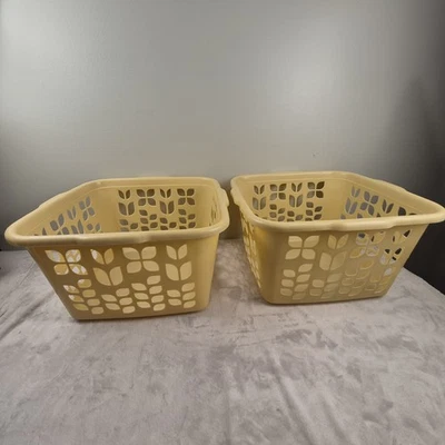 Lot of 2 VTG Rubbermaid Square LAUNDRY BASKET 2968 Almond Floral Tulips MCM - Image 1 of 4