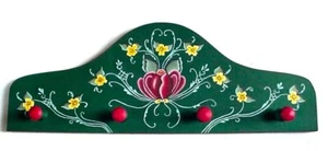 Necklace Rack Wood Green Burgundy Rosemaling Tole Painting Key Rack Signed - Picture 1 of 3