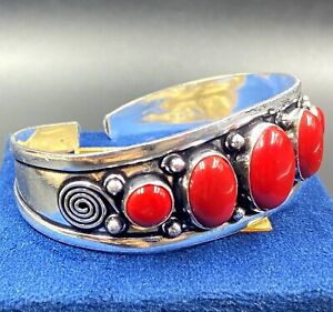 925 Sterling Silver Cabochon Red Coral Gemstone  Jewelry Cuff Bracelet