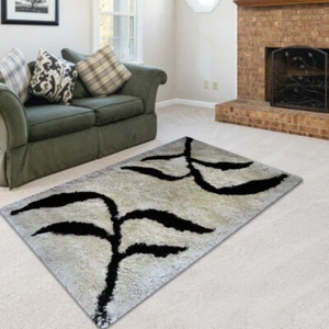 Eco-Friendly Hand Tufted Shag Polyester Area Rug Floral Beige Black BBK00038 - Picture 1 of 8