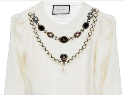 Gucci Sweater Embroidered Pearls Embellished  Ivory Wool Pullover Top Shirt Sz S - Image 1 of 4