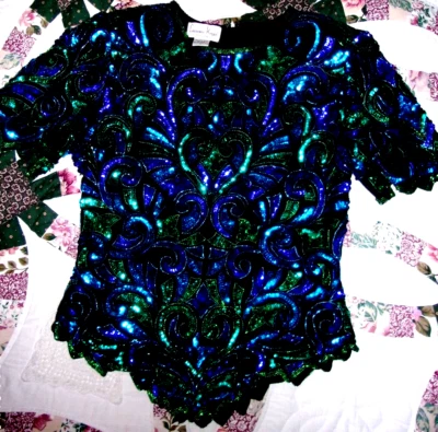 TOP DE LENTEJUELAS VINTAGE LAURENCE KAZAR AZUL VERDE PÚRPURA NEGRO AÑO NUEVO FORMAL talla M Foto 1 de 4