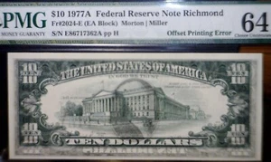 1977A ERROR PMG MS64 Off Set Front /Back $10 CH CU Federal Reserve Note Currency - Picture 1 of 6