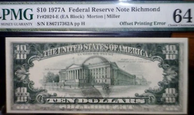 1977A ERROR PMG MS64 Off Set Front /Back $10 CH CU Federal Reserve Note Currency - Image 1 of 4