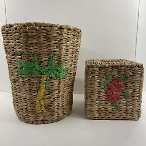 Vintage Wicker Woven Palm Tree Trash Can Waste Bin & Flower Tissue Holder Cover