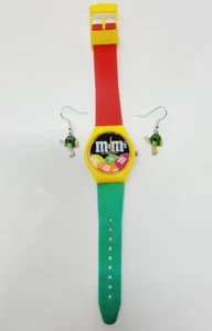 Vintage 1987 M&M Watch Japan Movement Red Green Yellow Plastic + Earrings - Picture 1 of 5