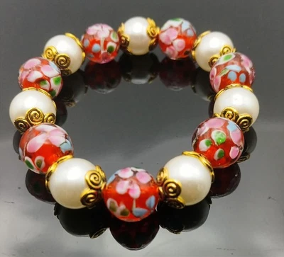 Precioso brazalete de cuentas Tensha japonesas florales rojas de perlas de imitación de 10 mm Foto 1 de 4