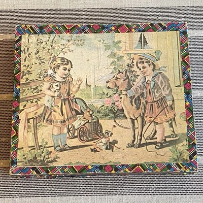 老式 6 面维多利亚木块拼图带盒 — 第 1/4 张图片