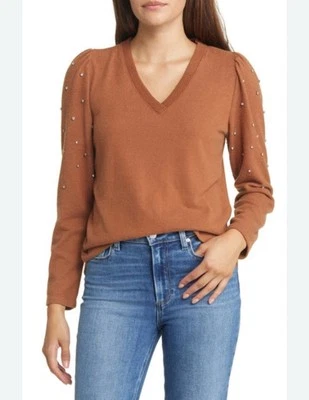 NWT Democracy Brown Jewel Rhinestone Embellished V Neck Pull Over Sweater Size M - Image 1 of 4