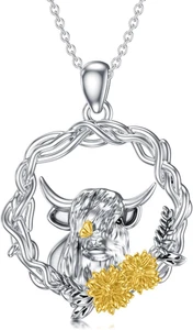 Highland Cow Necklace 925 Sterling Silver Cow Sunflower Pendant Gifts for Women - Picture 1 of 6