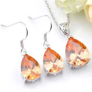 Teardrop Cut Royal Citrine Silver Dangle Earrings Pendant Necklace Jewelry Sets - Picture 1 of 9