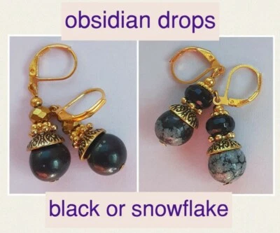 ЧЕРНЫЕ или СНЕЖИНКИ ОБСИДИАНА серьги GP рычаг назад ручной работы выбрать  - Изображение 1 из 3