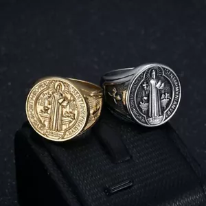 Saint St Benedict Medal Cross Ring Stainless Steel Plated Gold for Men Hip Hop - Picture 1 of 9