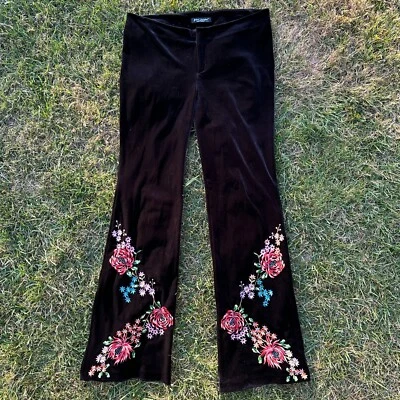 Vtg Betsey Johnson Black Label Flare Pant Womens 32Tall Black Velvet Embroidered - Image 1 of 4
