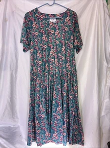 Lady Darian 16W Green Pink floral Vtg Long modest tea dress gathered drop waist - Picture 1 of 13