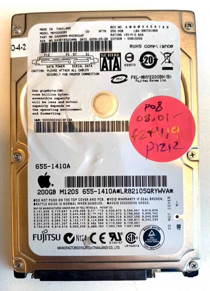 AU Hard drive: Apple Fujitsu 200Gb 2.5" 5400 SATA MHY2200BH 661-4601 655-1410A - Image 1 of 1