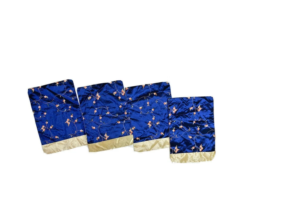 4 tovagliette vintage seta fiori di ciliegio cinesi blu oro mandarino ricamate - Immagine 1 di 4
