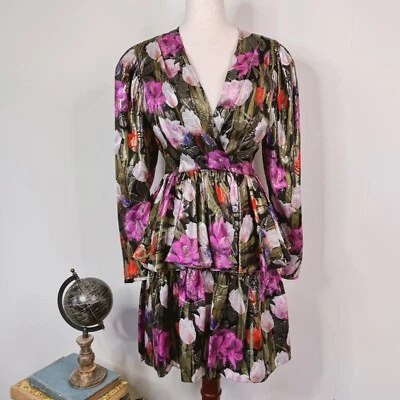 Borgo De Nor Amelia Mini Dress Dark Floral Metallic Jacquard Size 6 Romantic - Image 1 of 4