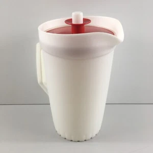 Tupperware Pitcher 874-14 & Push-Button Lid 875-15 Set White Red Lid 1 Quart VTG - Picture 1 of 18