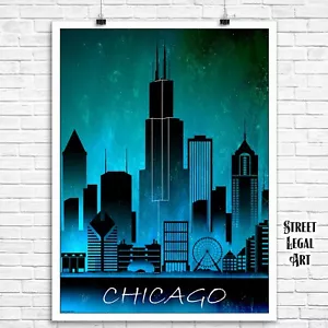 Chicago Illinois City Watercolor at Night Print, Poster, Wall Art, Travel Decor - Picture 1 of 3