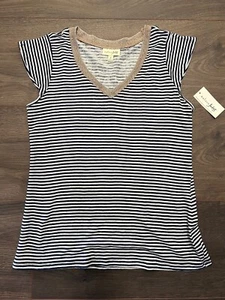 Maison Jules Striped Linen T-Shirt White Blue Gold - Size S or M  *NEW with Tag* - Picture 1 of 3