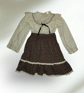 Vtg 70s Girls 6X Sears Floral Brown Ivory Prairie Pilgrim Bow Ruffle Lace Dress - Picture 1 of 5