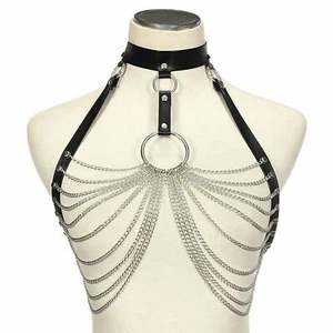 Goth Leder Body Harness Kette BH Top Taille Gürtel Riemen Metall Schmuck Dessous - Bild 1 von 4