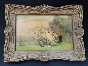 RARO!! Antico inglese? o olandese? Albero casa paesaggio con cornice antica 8" x 11" - Foto 1 di 3
