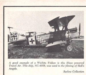 Wichita Fokker Travel Air NC-4958 Hell's Angels Movie 4" x 3.5" Vtg Mag Excerpt - Picture 1 of 1
