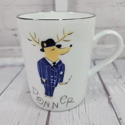 Vtg Pottery Barn Reindeer Donner Christmas Coffee Tea Mug Cup Silver Rim Japan - Image 1 of 4