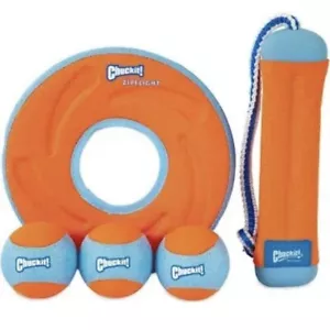 Chuckit 5 Pc Amphibious Floating Set: Zip Flight Disk, 3 Balls, Bumper Tug Toy. - Picture 1 of 7