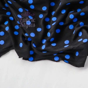 Polka Dot Viscose Jersey Fabric | Stretch Knit | 10mm Blue Spots on Black Fabric - Picture 1 of 6