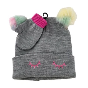 Kids Grey Knit Hat & Mittens Set With Faux Fur Pom-Poms And Pink Eyelash a - Picture 1 of 7