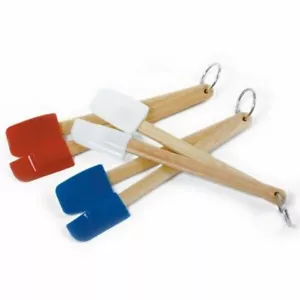 Norpro 2 pc Mini Wood Handle Silicone Kitchen Spatula Scoop Set - Blue White Red - Picture 1 of 6