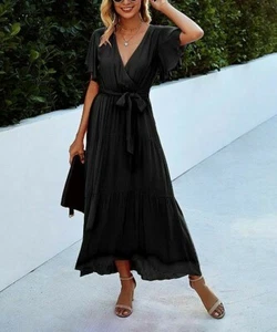 Yokodea Black Belted Maxi Surplice Dress Size XL - Picture 1 of 4