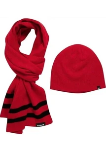 Cappello e sciarpa berretto invernale Hurley New York set 2 pezzi rosso nero righe taglia unica - Foto 1 di 2