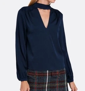 Intermix dunkelblau Seide Elaine Langarm V Cut Out Bluse Gr. 4 Neu mit Etikett! - Bild 1 von 7