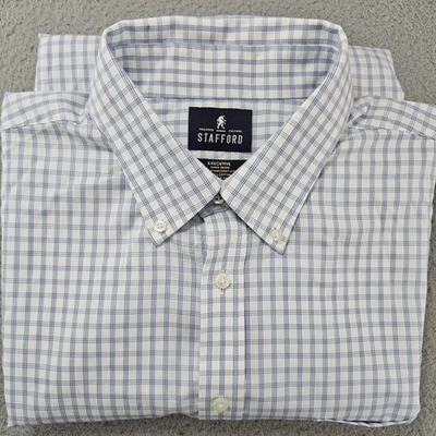 Camisa Stafford Para Hombres 18 34-35 Azul Blanco Ajustada Sin Plancha Abotonada Cuadros Oxford Foto 1 de 4