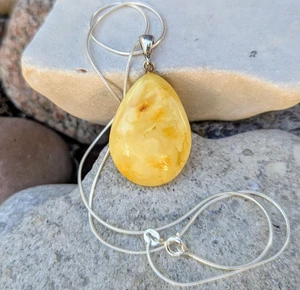 Natural Royal White Amber Stone Pendant Drop Tear Sterling Silver 925 Chain - Picture 1 of 7
