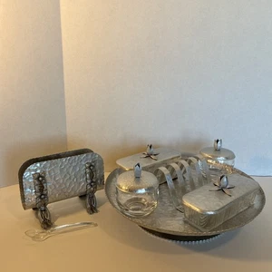 VTG Handhammered Aluminum Lazy Susan w/ Glass Butter and Jelly Containers - Picture 1 of 17