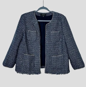 Giacca Talbots Airy in tessuto tweed - blazer da donna blu navy - frange boxy - 16 petite - Foto 1 di 8